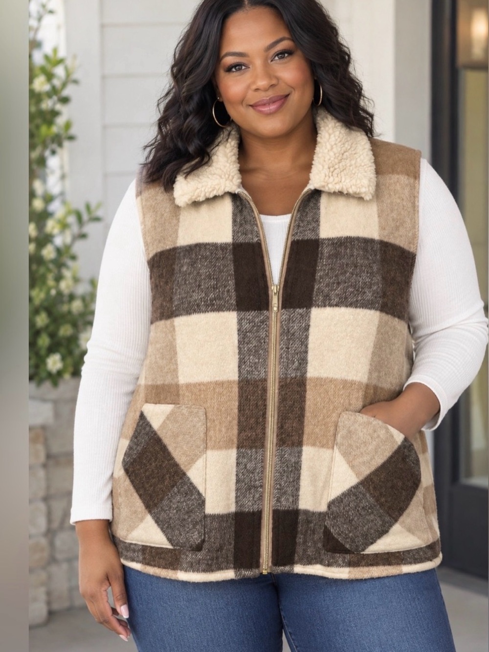 Sanctuary Plaid Sherpa Plush Plaid Vest